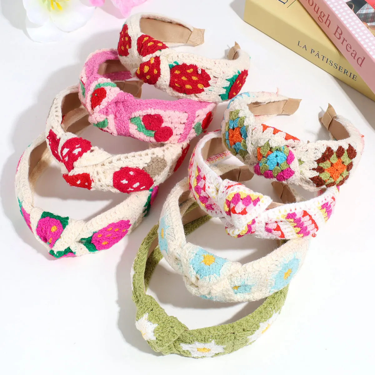 Bohemian Style Wide Knitting Flower Hairbands Sweet Knotted Headbands Strawberry Cherry Sunflower Holiday Hair Hoops For Women 250610