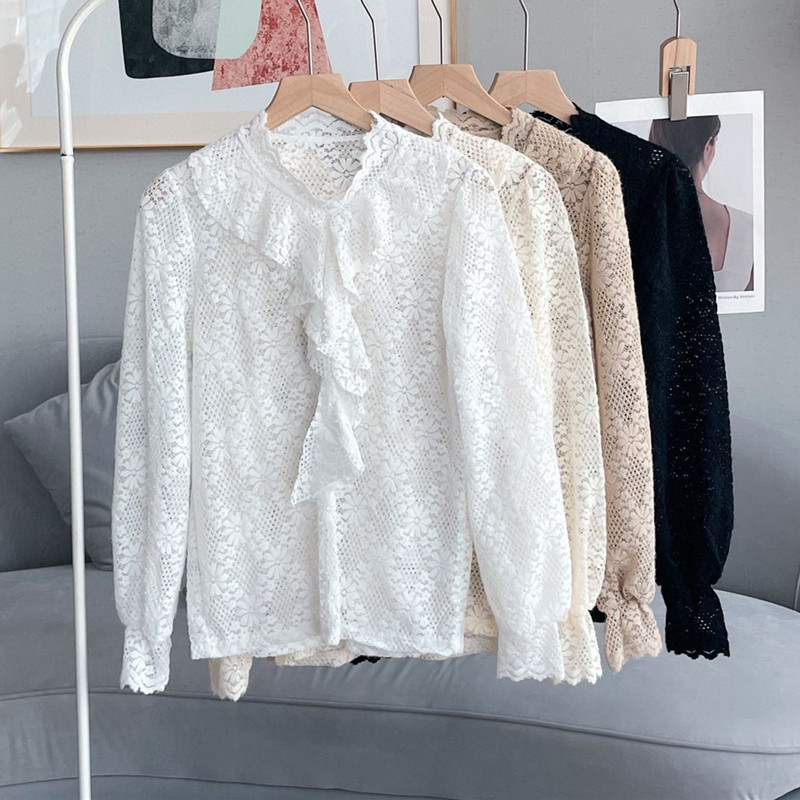 XR135 Lace Bottoming Shirt for Women Spring Inner Wear Outer Wear Hollow Long Sleeve Design Top