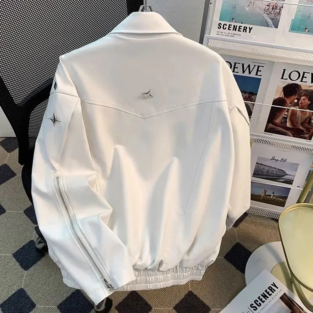 Men Pu Jacket Motorcycle Biker Straps Metal Pu Jacket Streetwear Fashion Versatile Trendy Casual Long-Sleeve Tops MenS Clothing 250611