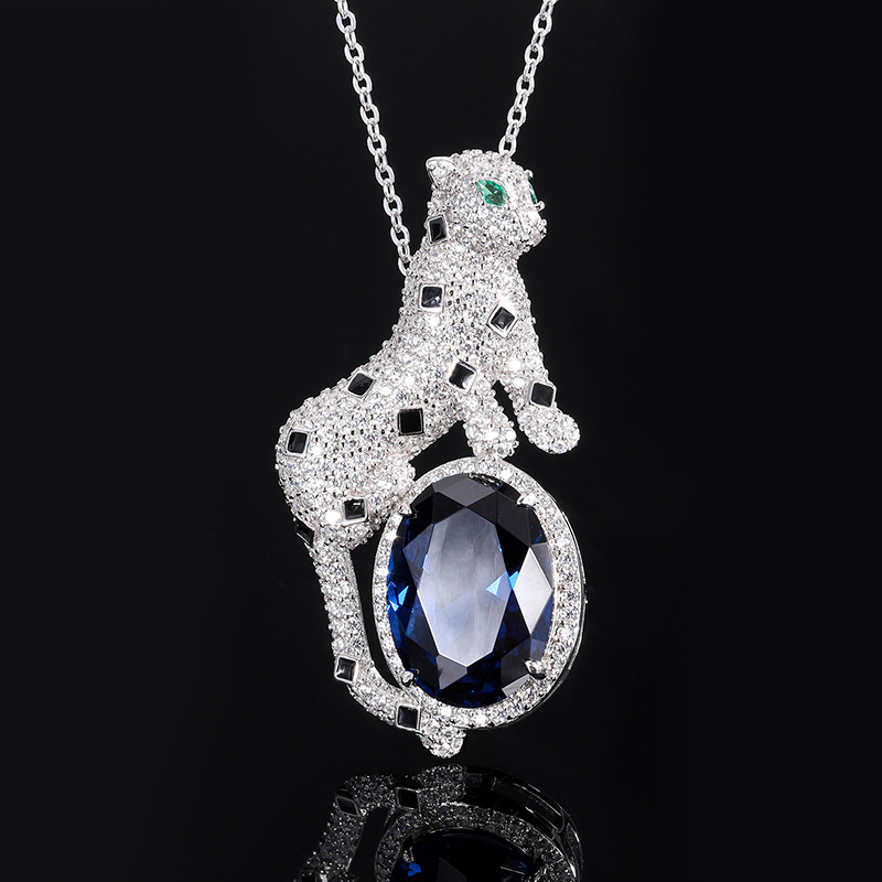 S925 Silver Faux Colored Gemstone Leopard Shaped Luxury Pendant Necklace, 13x18mm Main Stone, Fashionable Elegant Design, Perfect Women's Jewelry