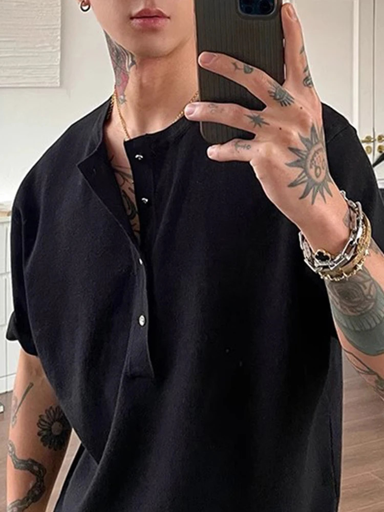 Knitting Solid Color Short Sleeve T Shirt Summer Casual Buttoned Textured Men Tshirts Fashionable Mens Henley Neck Shirts 250610