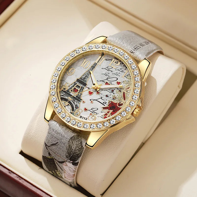 Fashion Large Dial Ladies Quartz Watch Romantic Eiffel Tower Women Leather Clock Gift Dress Watches 250606