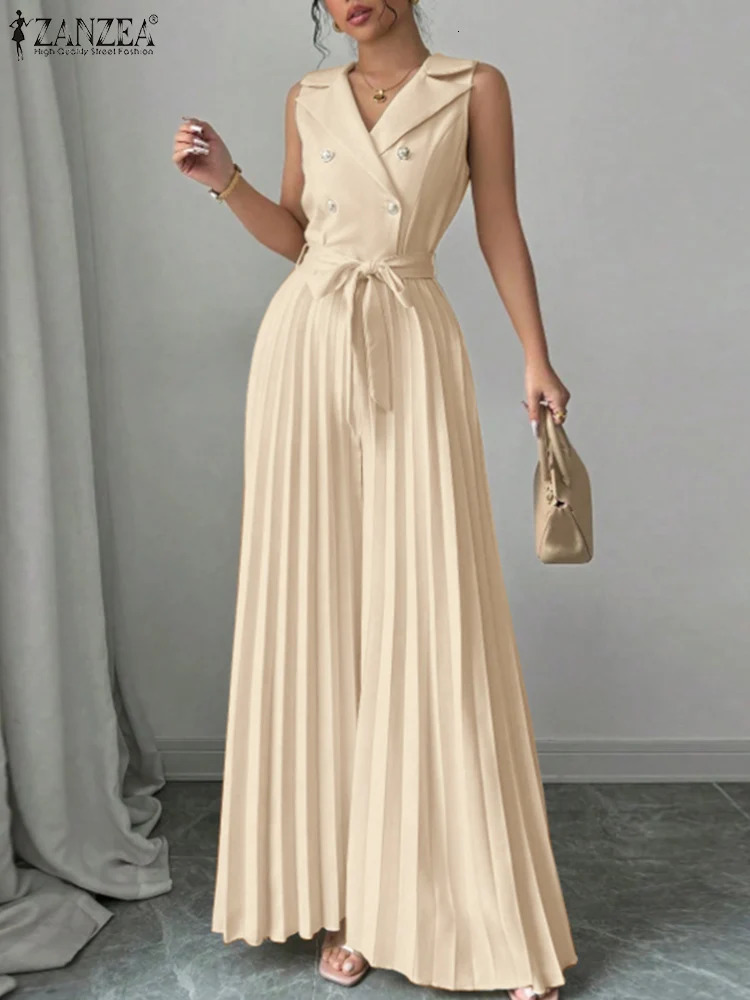 ZANZEA Woman Fashion TieWaist Jumpsuits Elegant Lapel Neck Sleeveless Pleated Wide Leg Pant Overalls Commute Office Long Romper 250609