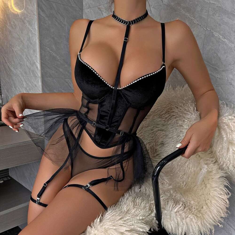 Spell Lingerie Porn Suits Lingerie Mesh Velvet Patchwork See Through Three Piece Sexy Set Sexy Lingerie