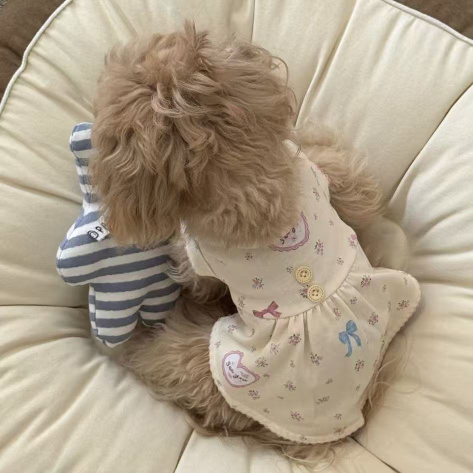 T433Pet dog clothes new Maltese Teddy Bichon Yorkshire striped shirt polo collar lace dress