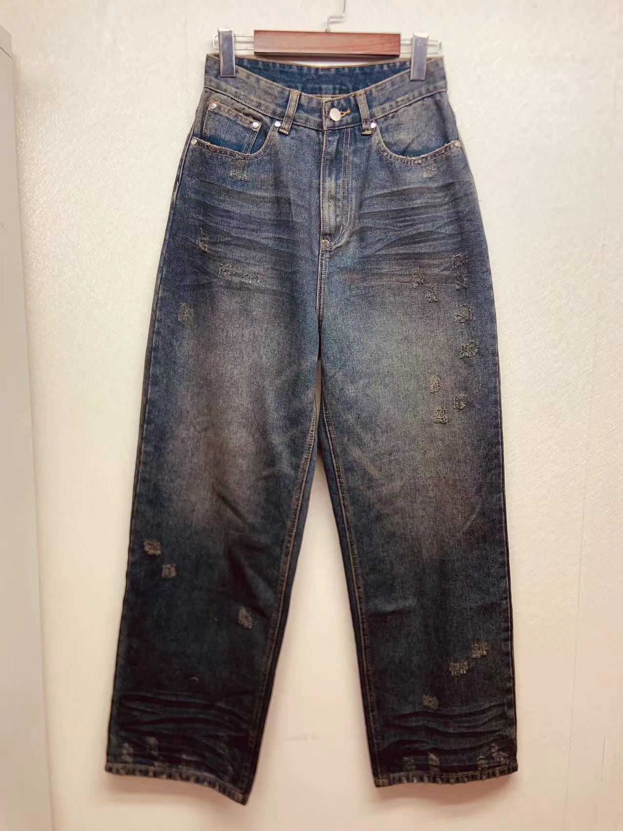Factory customized wholesale vintage washed ripped wide leg denim pants 23-0108