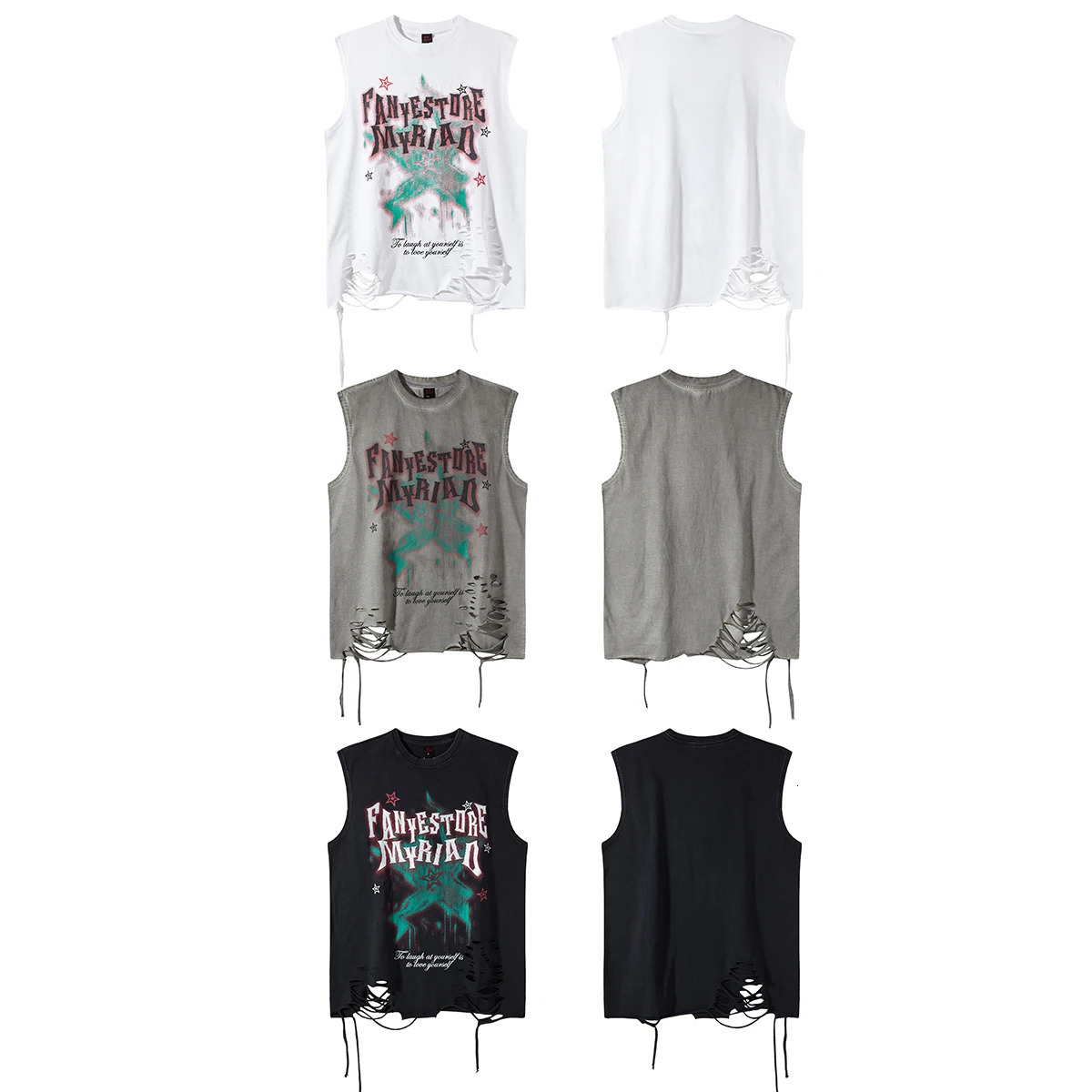 Summer Hip Hop Tank Top Man Washed Streetwear Tees Y2k Sleeveless T Shirt Round Neck Cotton Baggy Vests Tops Distressed 250611