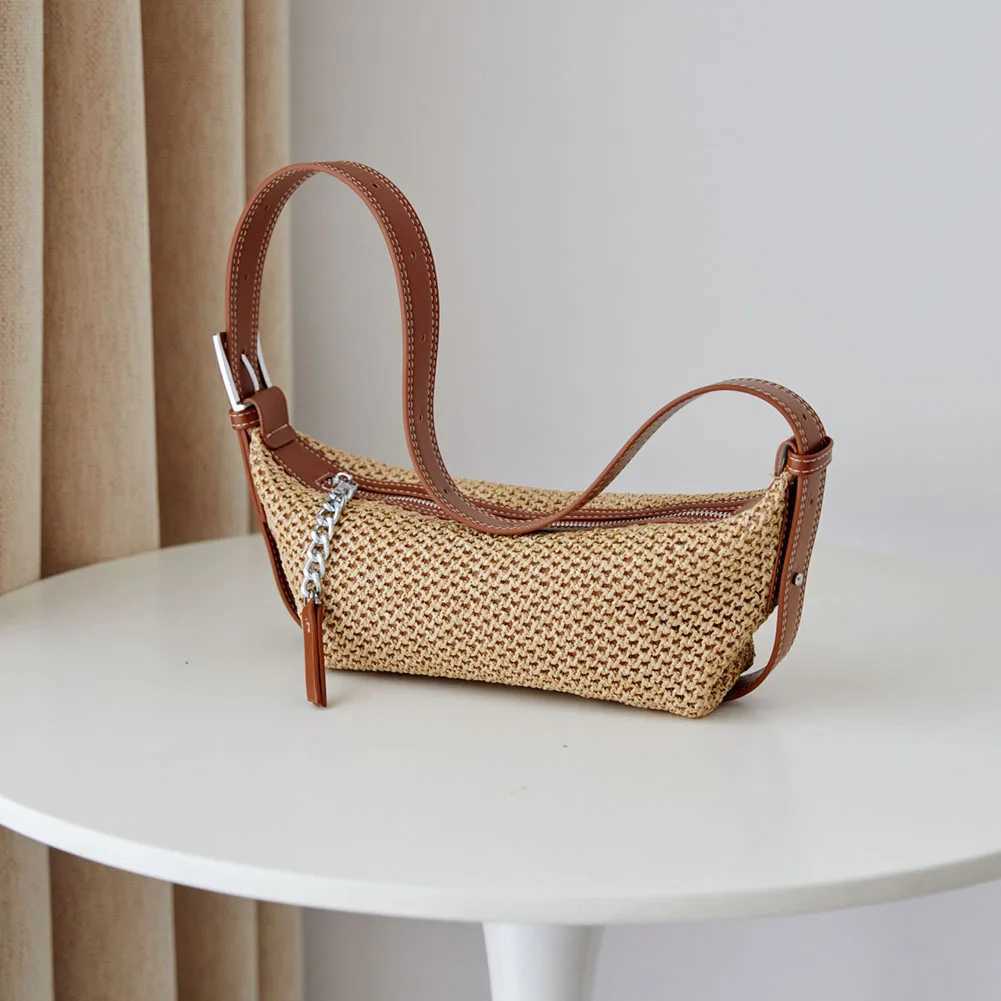 Women Simple Straw Beach Bag Adjustable Strap Crochet Hobo Bag Contrast Color Weaving Satchel Bag Ladies Summer Daily Bag XJ250610