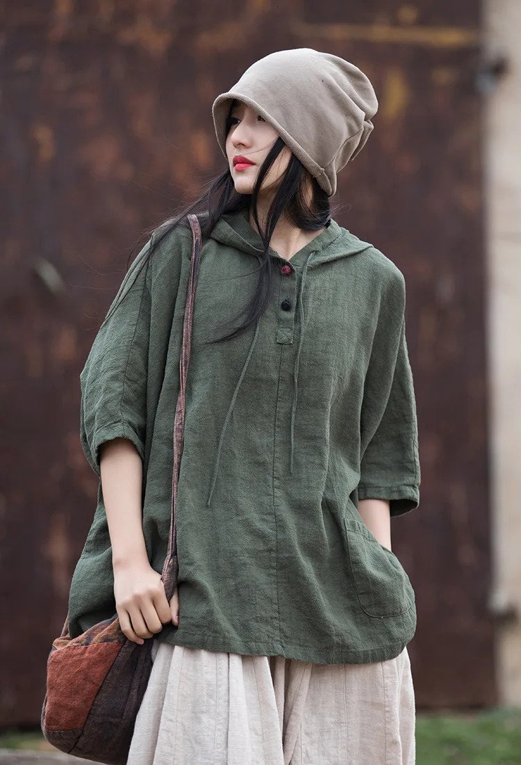 Yasuk Summer Casual Shirts Pullover Womens Loose Tees Gentle Heart Sport Cotton Linen Hooded Tea Coat Solid Chinese Style Retro 250610