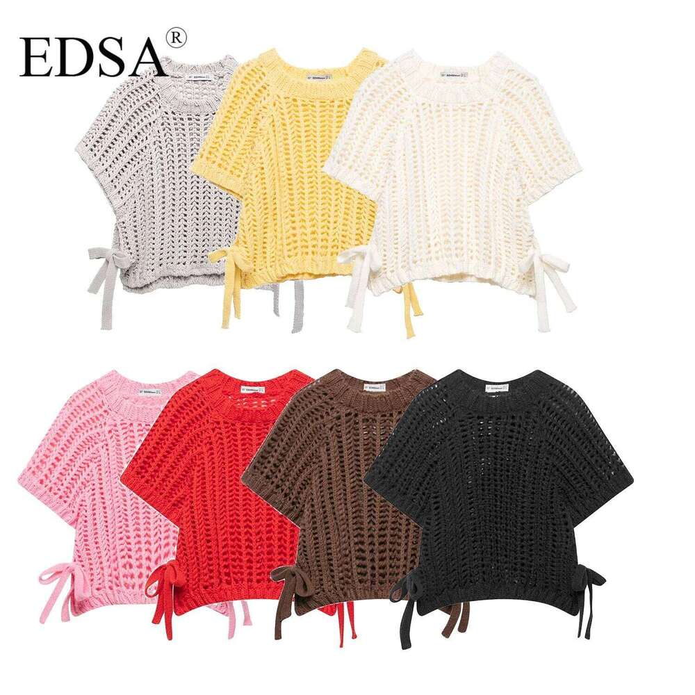 EDSA Women Chunky Knit Top with Side Straps O-Neck Short Sleeves Hollow Out Cropped Sweater Pullover for Casual Female