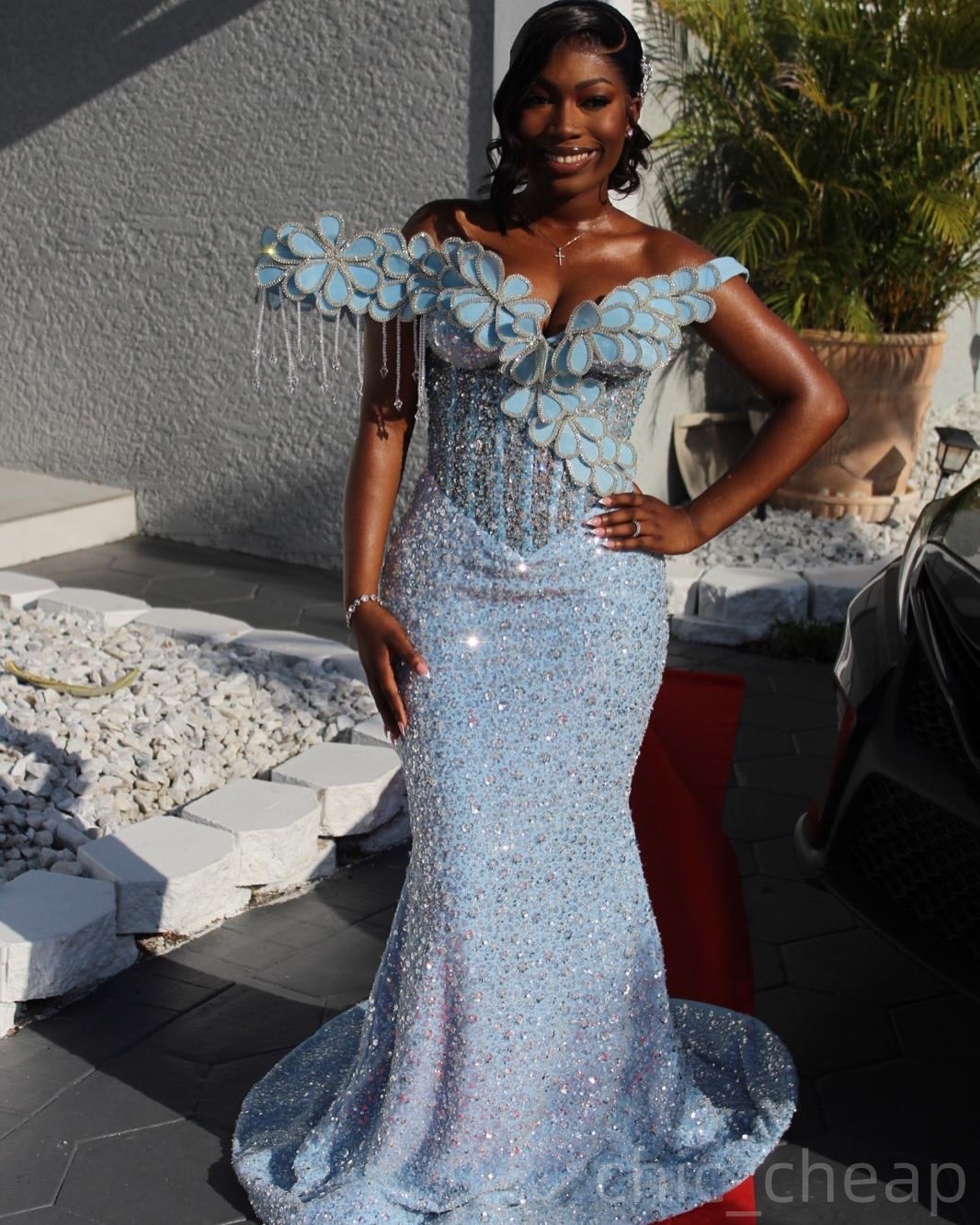 Light Sky Blue Mermaid Prom Dresses 2025 Flowers Crystals Sequined Evening Formal Party Second Birthday Engagement Gowns Plus Size Dress For Special O