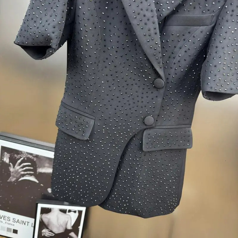GetSpring Women Blazer Autumn Single Breasted Short Sleeve Diamonds Ladies Black Coat Fashion Womens Suit Jacket 250610