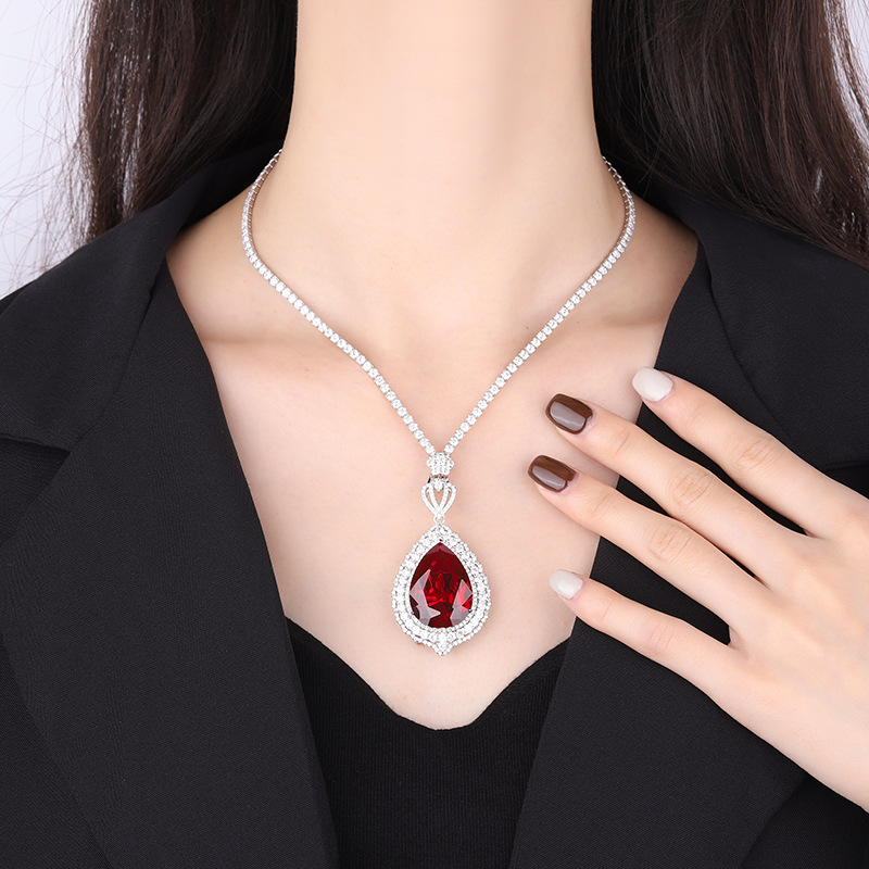 S925 Silver Faux Pigeon Blood Ruby Large Water-Drop Pendant Necklace, 18x25mm Luxury Design, Exquisite Luxury Women's Jewelry