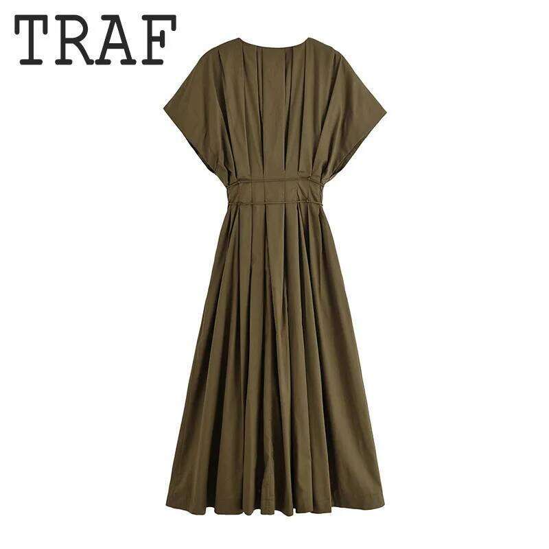 TRAF V-neck Short Sleeve For Women Fashion Sagging Sense Long Waist Lace Up Midi Dress Elegant Evening Dresses