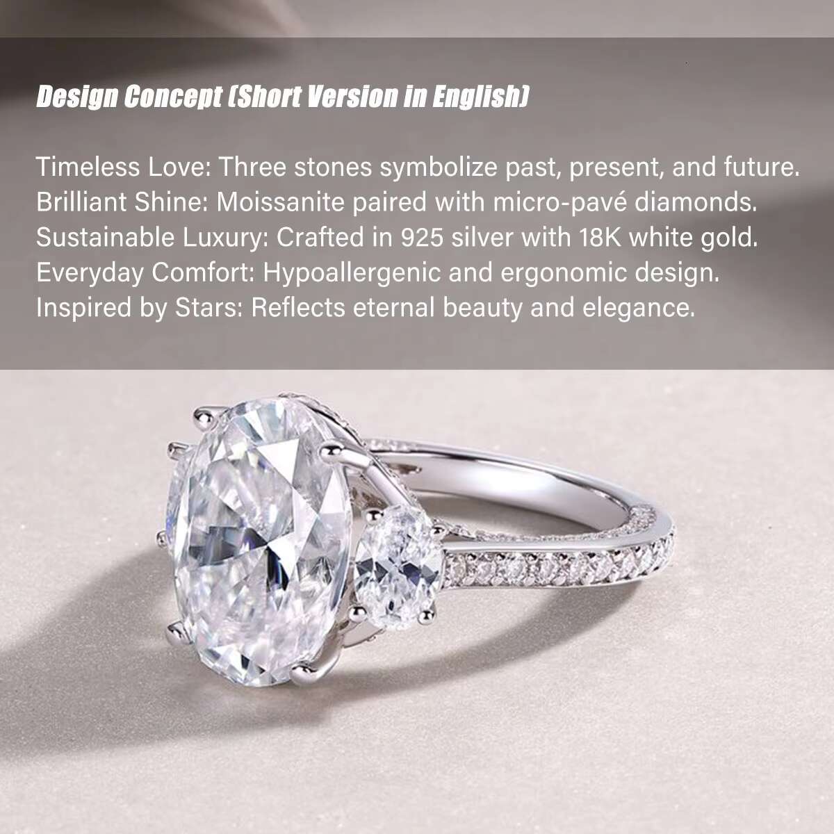 10ct Oval Moissanite Ring Three-Stone Design S925 Sterling Silver 18K White Gold Plated Hypoallergenic Jewelry for Women