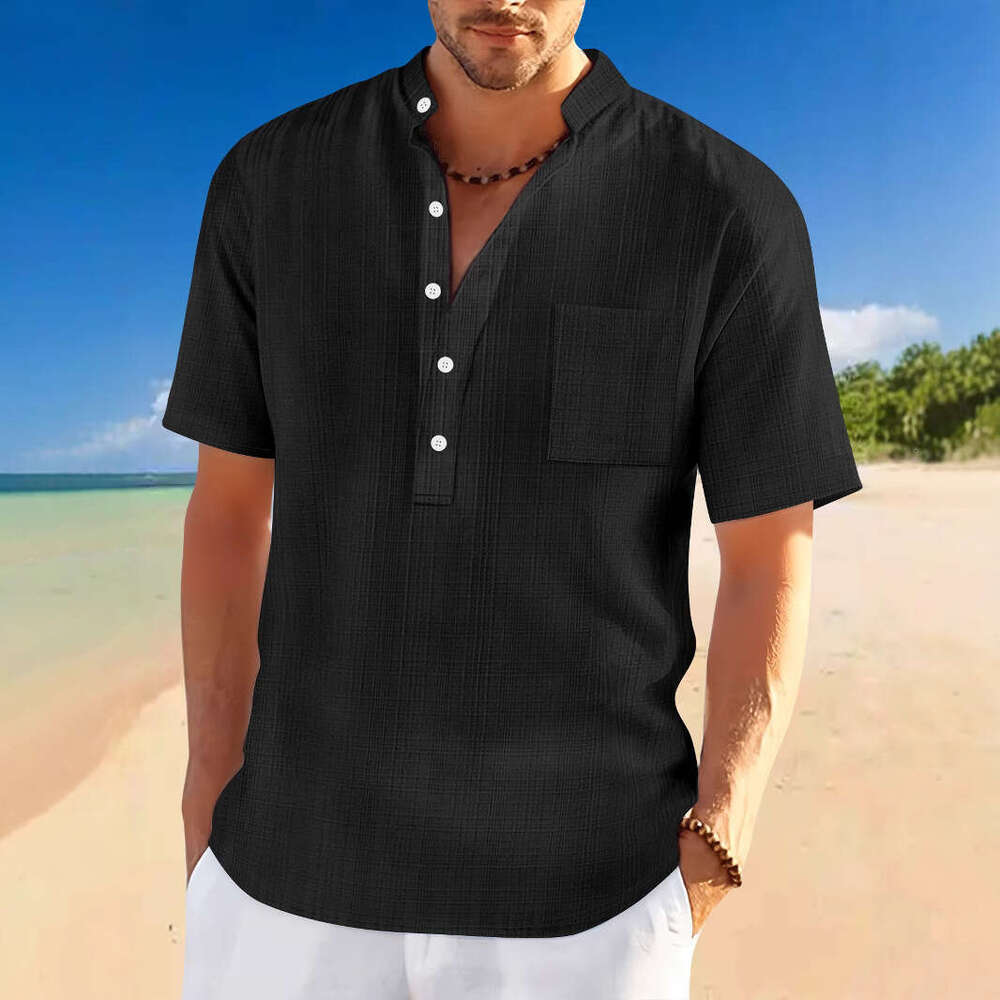 Spring Summer Men's Stand Collar Short Sleeve Loose Casual Vacation Henley Shirt Men B5
