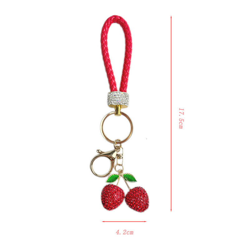 Fashionable, shiny and diamond-encrusted apple and cherry keychain, hand set with water diamonds, car keychain ring, bag pendant, decorative birthday 
