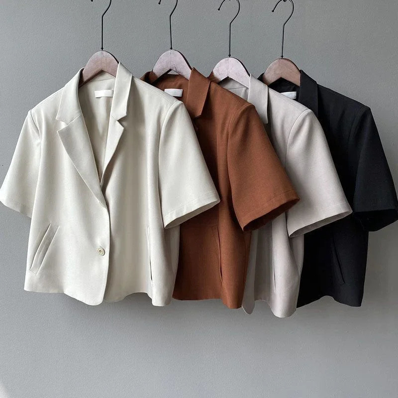Summer Thin Short Sleeve Blazer Women Casual Single Breasted Jacket Woman Korean Solid Color Office Suit Coat Ladies 250610