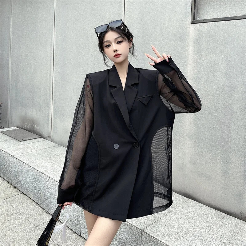 Womens Springsummer American Style Short Mesh Patchwork Blazer Retro Casual Solid Color Loose Irregular Jacket 250610
