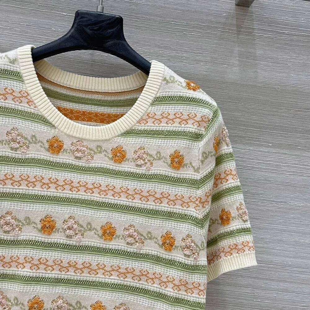3D flowers jacquard holiday knitted short sleeve tops 2025 spring summer o-neck pullover jumpers