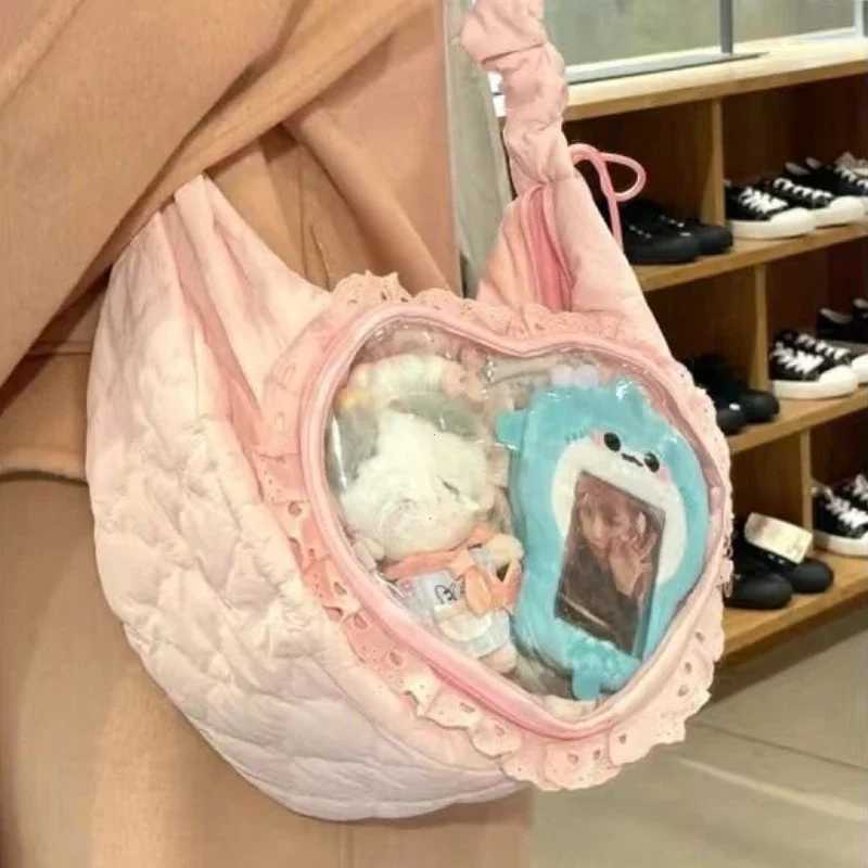 Cute Womens Shoulder Bag Pleated Love Heart Lolita JK Ita Bag Drawstring Ballet Style Sweet Fashion Female Handbag PinkXJ250610
