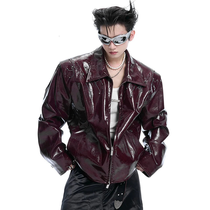 FEWQ Mens PU Leather Jackets Chine Rivet Embroidery Embroidery Turn-down Collar Solid Color Casual Male Coats 24K2833 250611