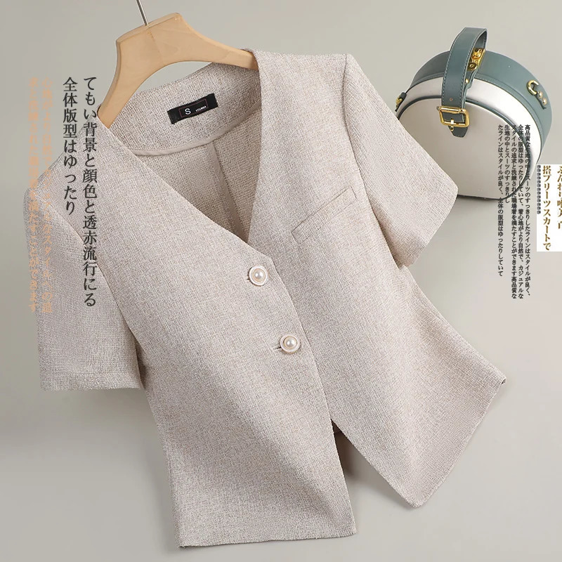 Korean Fashion Womens Solid V Neck Single Breasted Short Sleeve Blazer Coat Summer Office Lady Festival Tops Trend 250610