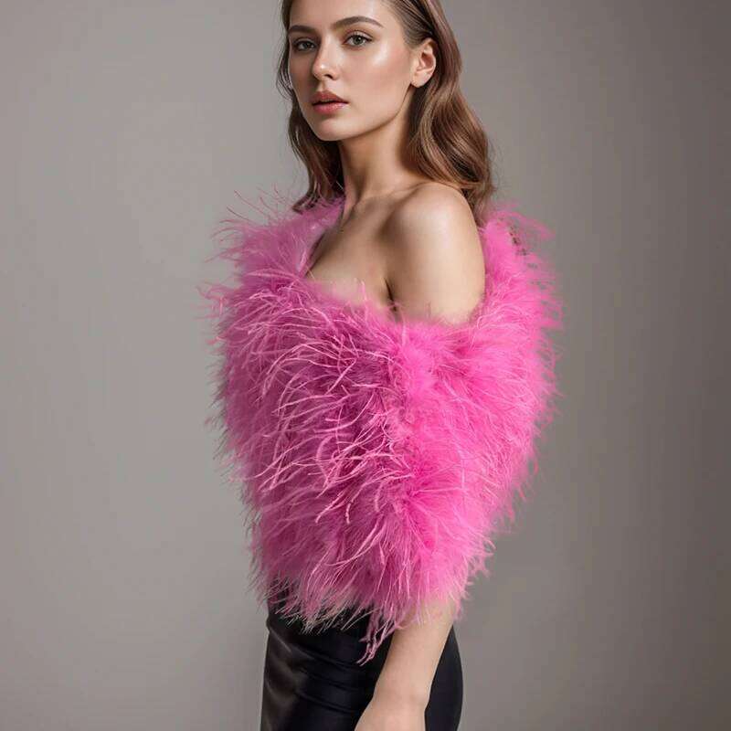 Natural Ostrich Feather Half Sleeved Off Shoulder Women's Top, Length 30Cm, Suitable For Parties, Nightclubs, Customizable Size