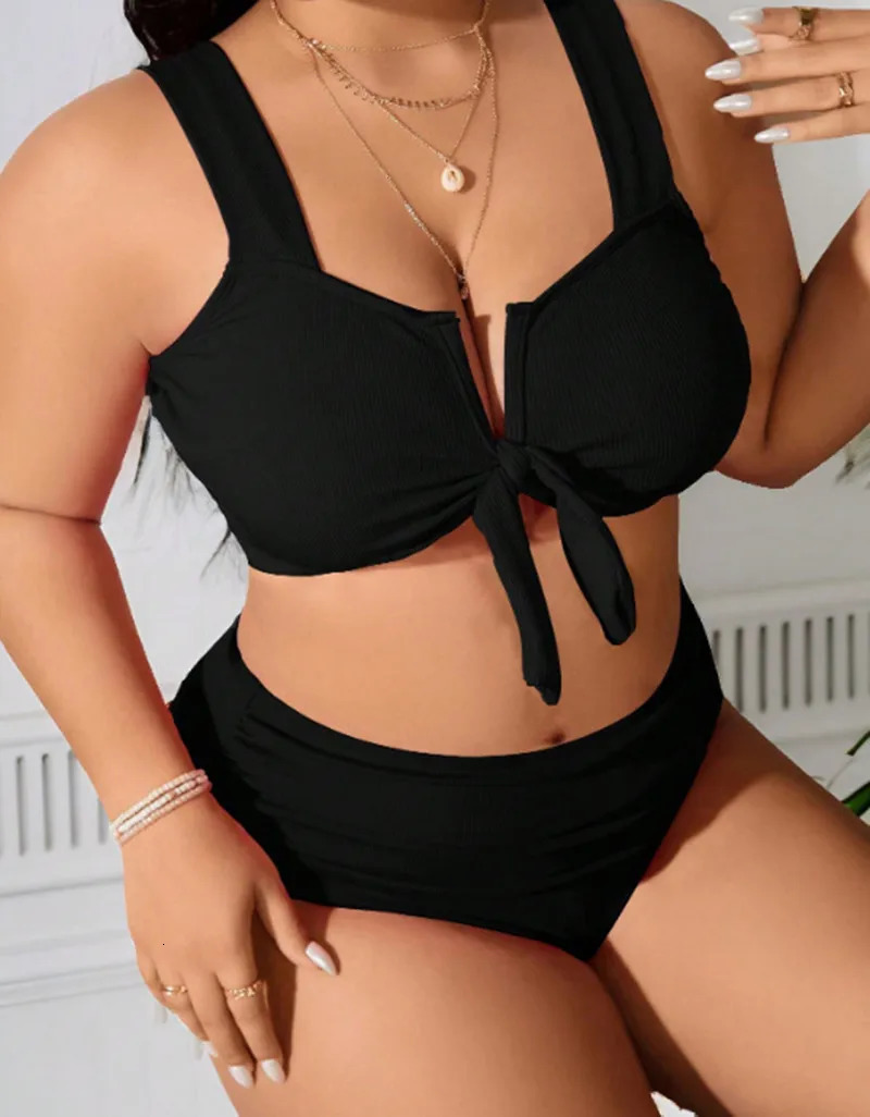 Womens Swimsuit 2025 Plus Size Ribbed Bikinis Sets Two Piece High Waist Black Tummy Control Bathing Suit Swimwear 250530
