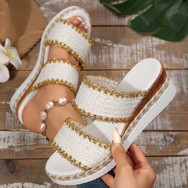 Vintage Woven Wedge Heeled Slippers Women Summer Plus Size 36-43 Thick Bottom Sandals Woman Comfort Platform Beach Sandals Mujer XJ250610