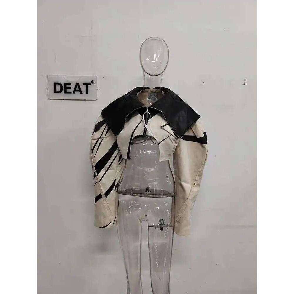 DEAT Fashion Women's Spliced Edge Contrasting Jackets Big Lapel Zipper Long Sleeve Short Coat Autumn 2025 New 1Df6153