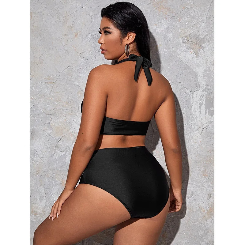 Hollow Out Solid Color Plus Size Split Swimsuit Womens High Waisted Bikini Collection Beach Style Y2k 250530
