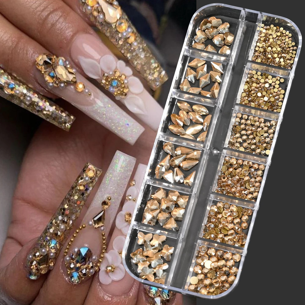 1000Pcsbox Champagne Gold Diamond Nail Crystal Mixedn Glitter NonFix Manicure Decoration 250606