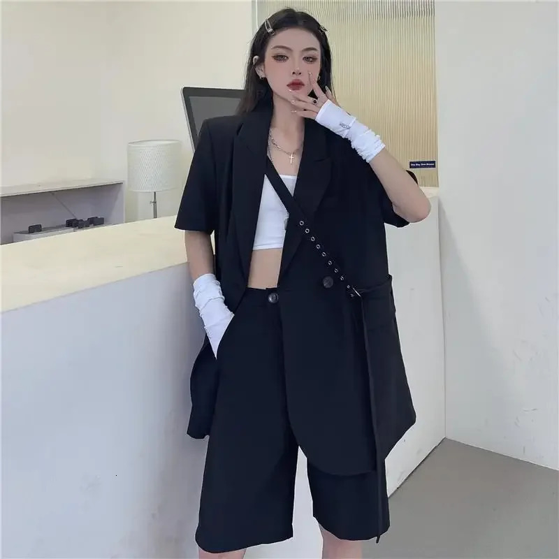 Summer Fashion Two Piece Suit Women Loose Short Sleeve Blazers Casual High Waist Shorts Woman Sets 250610