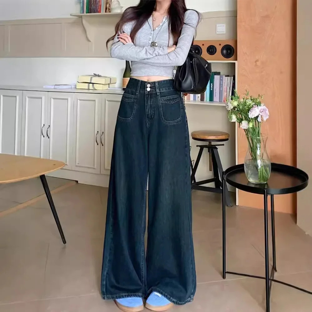 Plus Size Deep Blue High Waist Denim Jeans Trendy Spring Autumn Loose Slimming FloorLength Straight Casual Pants for Women 250609