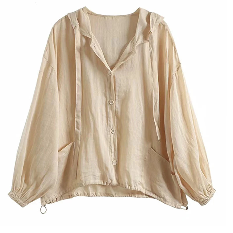 Thin section of cotton hemp hoodie female summer fashionable and elegant loose casual beach air conditioning sunscreen tops 250610