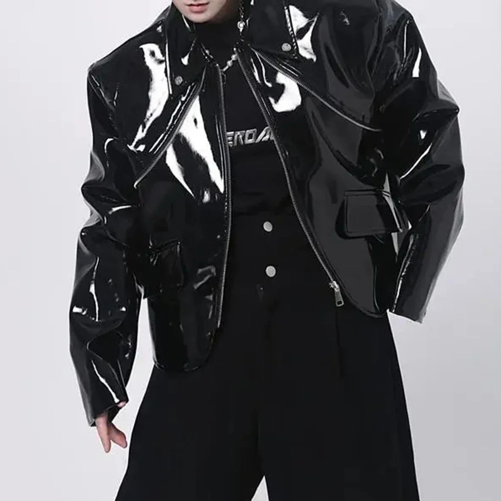 Mens Jacket Shiny Leather Jacket Handsome Performance Stage Outfit Autumn Elegant British Excellent Patent Leather Jacket 250611