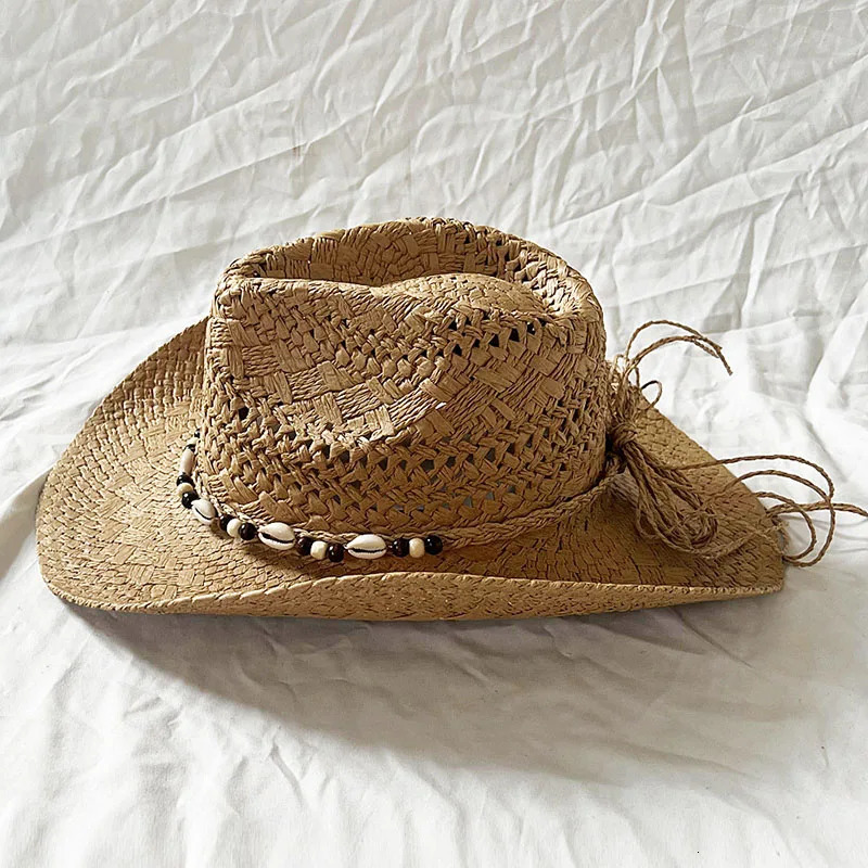 Handmade Women Men Straw Hat Summer Beach Shell Vintage Beads Hollow Out Western Wide Brim Sun Hat Fishing Holiday Bohemian Cap 250606
