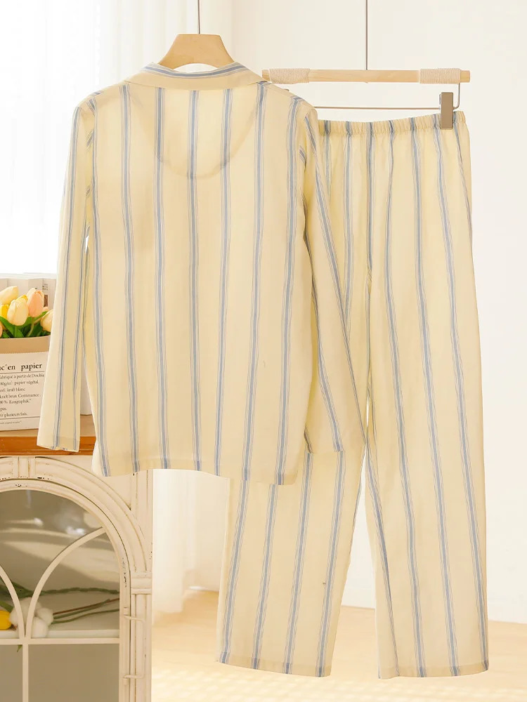Pure Cotton Gauze pajama Set Fashion Simple Couple Sleepwear Highend Striped Comfortable Breathable Men Home clothes 250610