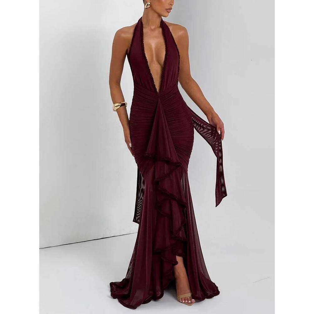 Mozision Elegant Halter Deep V Neck Sexy Maxi Women Fashion Sleeveless Backless Ruched Evening Club Party Long Dress