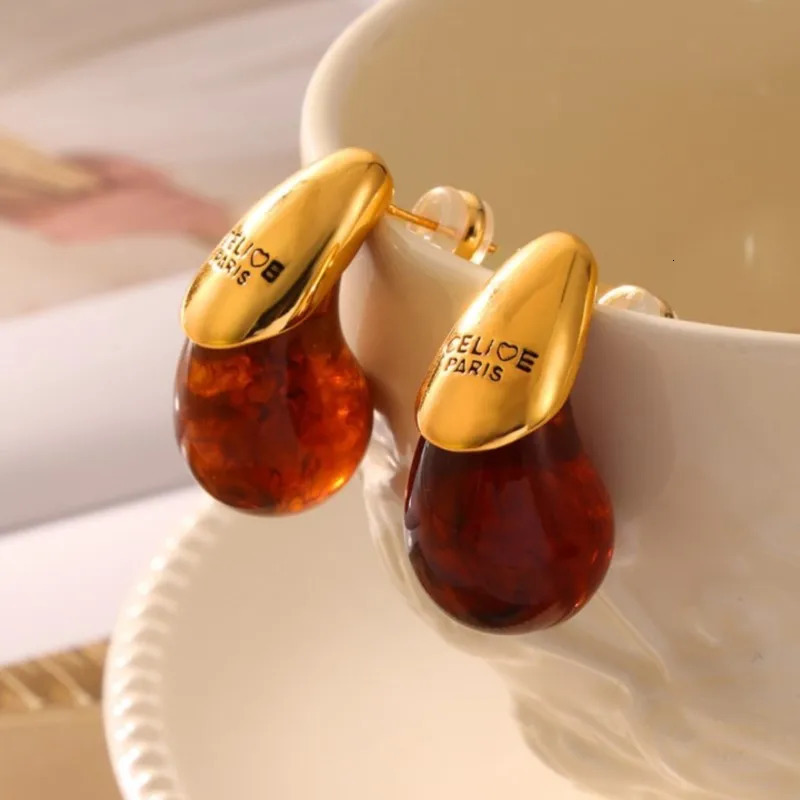 Womens Water Drop Brown Resin Stud Earrings Stainless Steel Gold Plated Waterproof Earring For Women Girls Teardrop Ear Cuffs 250610