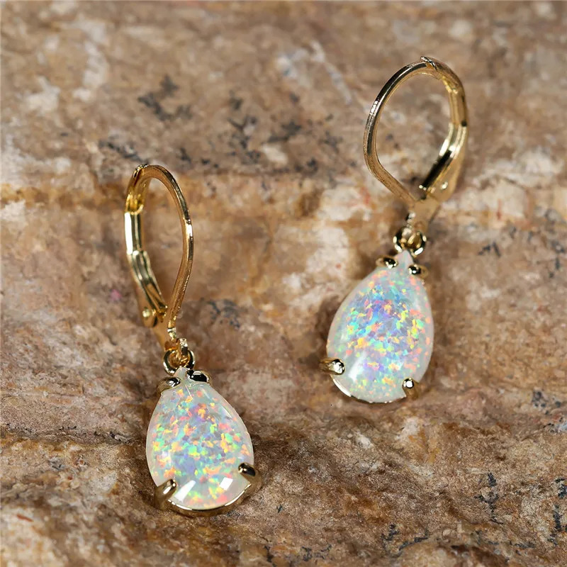 Female White Fire Opal Stone Classic Gold Color Water Drop Earrings Cute Dangle Boho Jewelry For Women 250610