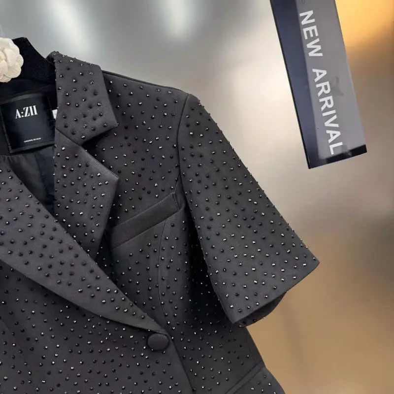 GetSpring Women Blazer Autumn Single Breasted Short Sleeve Diamonds Ladies Black Coat Fashion Womens Suit Jacket 250610