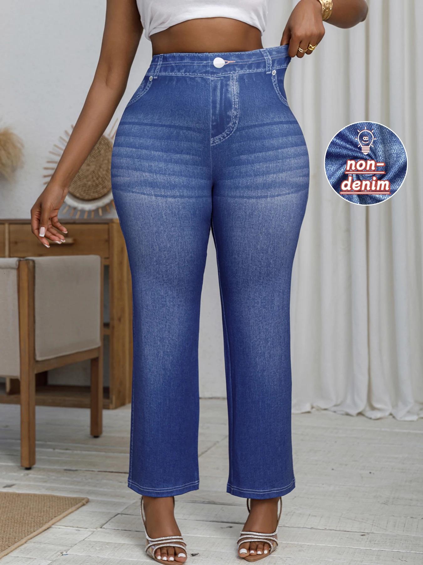Plus Size Womens Loose Wideleg Pants Denim Print Fashion High Elastic Casual Comfortable Retro Straight Pants 250609