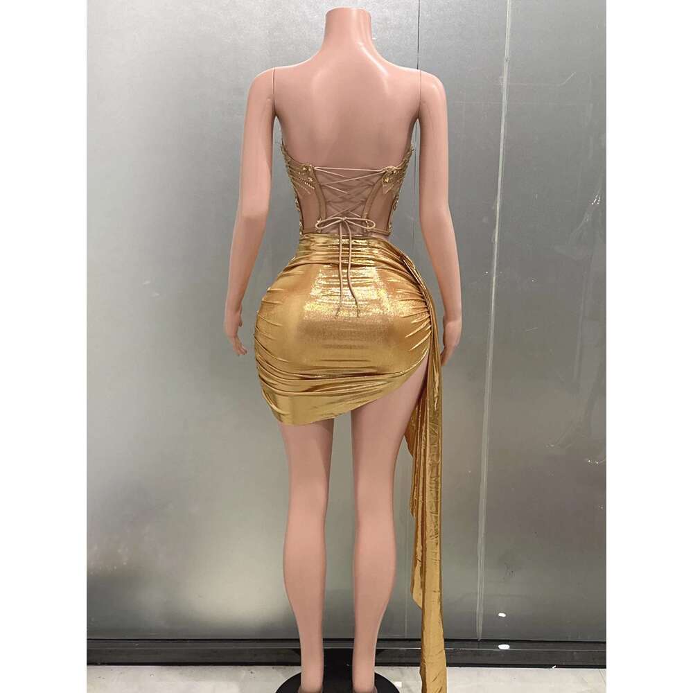 Gold Color Women Sexy 2 Pieces Strapless Bodycon Mini Bar Singer Nightclub Party Celebrate Birthday Dress Wholesale