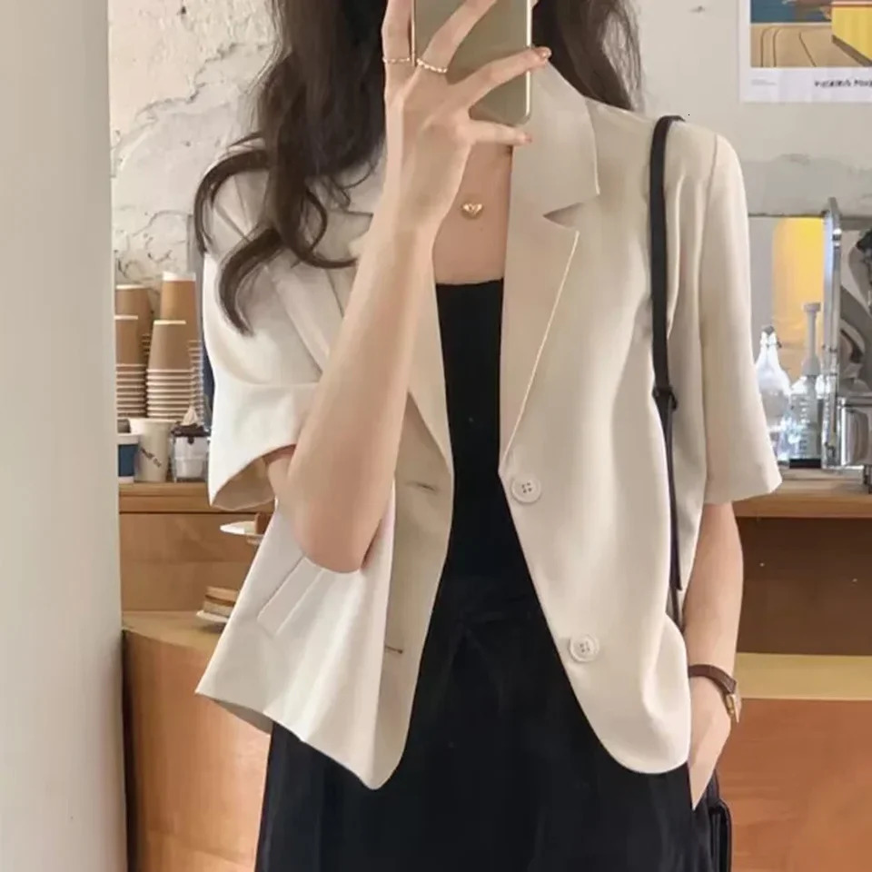 Summer Blazers Women Medium Elasticity Polyester Short Sleeves Single Breasted Solid Color 250610