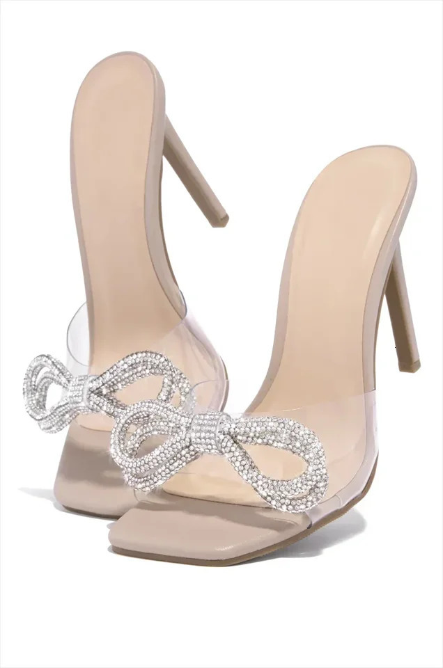 Summer Fashion Sexy Comfortable Banquet Casual Rhinestone PVC Elegant High Heels Bow Womens Slippers 250609