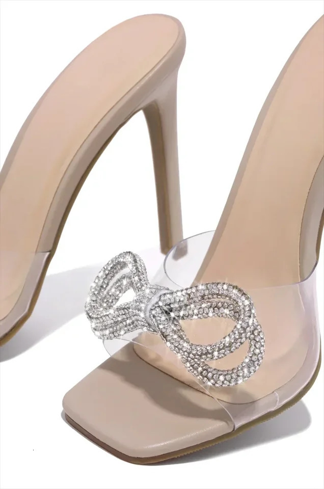 Summer Fashion Sexy Comfortable Banquet Casual Rhinestone PVC Elegant High Heels Bow Womens Slippers 250609