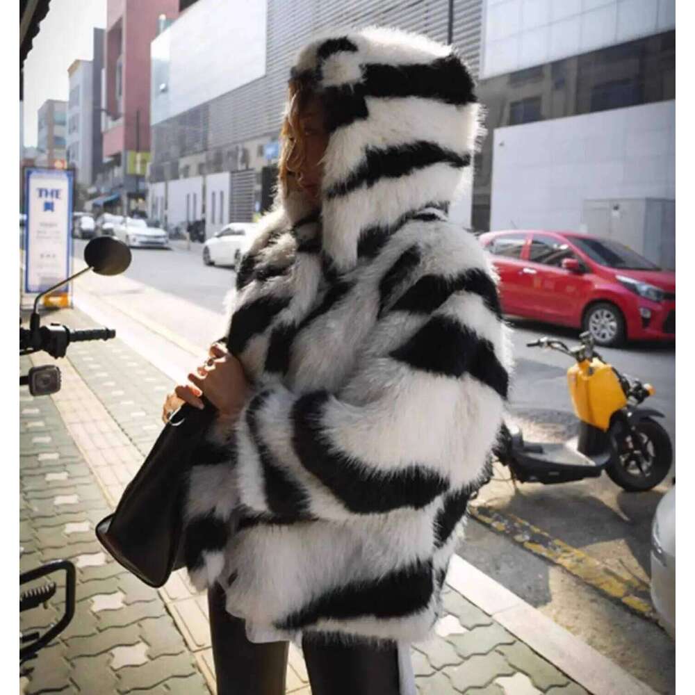Oversized Winter Warm Hooded Large size Black White Zebra Faux Fur Coat CHILL Full sleeve Women Short Shaggy Outerwear