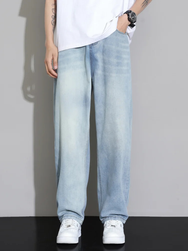 Spring Summer Loose Jeans for Men Light Blue Straight Wide-leg Embroidered Fashionable Casual Denim Long Pants Male 250611